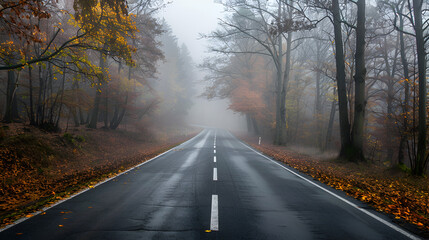 Fototapeta premium Straight road in autumn forest. Nature background