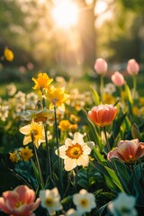 wonderful spring daffodils in the garden in the sun