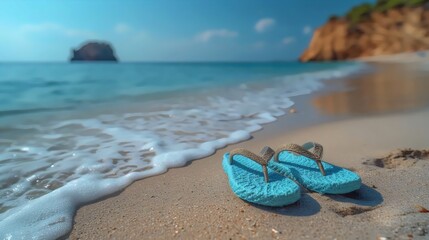 Obraz premium A pair of blue flip flops are laying on the beach
