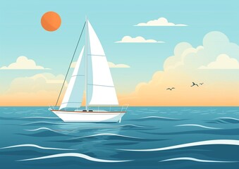 Fototapeta premium Serene Sunrise Sailing Adventure with a Yacht on Calm Waters