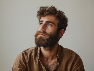 Fototapeta premium Reflective Young Man with Beard in Brown Shirt