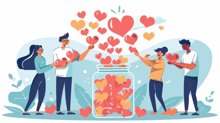 Tiny Volunteers collect hearts in a jar, symbolizing charity, donations, and a generous social community. Share your love, hope, and support with others. Vector illustration.