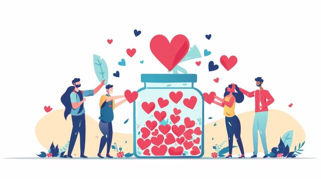 Tiny Volunteers collect hearts in a jar, symbolizing charity, donations, and a generous social community. Share your love, hope, and support with others. Vector illustration.