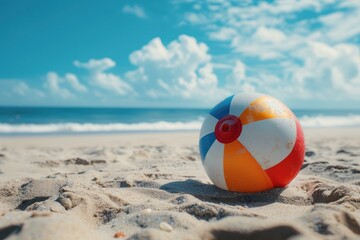 Obraz premium Vibrant beach ball sits on the sand with the ocean's waves in the background