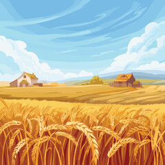 Golden wheat field ripe harvest rural farmland under blue sky. Farmhouses barns haystacks countryside landscape illustration. Sunny day agriculture farming scene golden wheat ears © Vectorvstocker