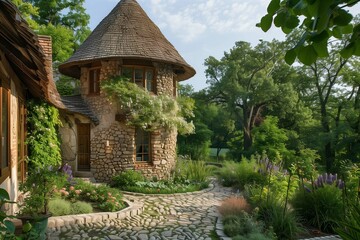 Rustic countryside residential tower with stone walls, wooden beams, and a pitched roof covered in green moss