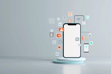 Mobile Phone with Floating Icons of Artificial Intelligence, Video, and Data on Light Grey Background Representing AI in Marketing for Virtual Events and Digital Transformation