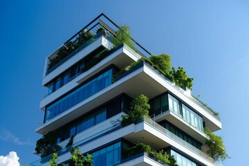 Obraz premium Modern residential tower with large glass windows, angular balconies, and a rooftop garden, set against a clear blue sky.