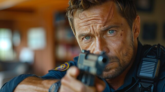 Police officer demonstrating conflict de escalation skills and bravery in law enforcement ad imagery