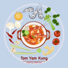 Set of vector banner illustrations with flat letters, delicious food.Thai food, spicy shrimp soup in a cup, top view cooking, recipes, menus, restaurants for food design, posters, and backgrounds.