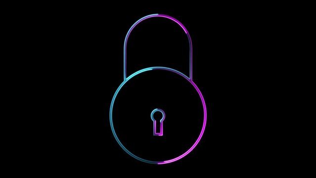 Abstract neon shine lock icon animation with black background.