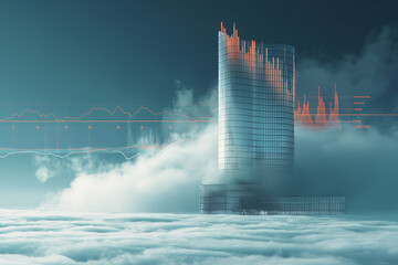 Skyscraper with stock market graphs in clouds