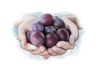 Pair of hands cradling a selection of freshly picked plums. Watercolor illustration.