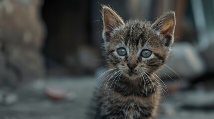 Fototapeta premium A sad homeless kitten staring directly at the camera