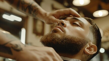 A man with a beard gets a trim from a barber in a shop. The man is relaxed and looking up at the barber.