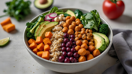 Buddha bowl featuring quinoa, chickpeas, avocado, and assorted vegetables, set against a white background, perfect for promoting plant-based, nutritious meals and healthy living