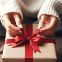 Woman's hands tie a bow on a gift box. Christmas, holidays, birthday theme.
