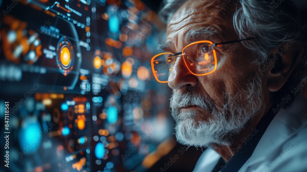 Poster a man wearing glasses observes a holographic screen displaying medical data and information, likely 