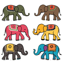 Six colorful elephants traditional ornate patterns walking isolated white background. Decorative cartoon elephants pink, yellow, blue, green, brown, grey, artistic style folk decoration vector