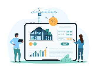 Real estate buy or rent, investment in purchase of property. Tiny people research market offers on tablet screen to choose online and invest money in family home apartment cartoon vector illustration