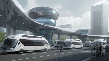 A fleet of sleek electric cars driving autonomously through a high-tech urban environment