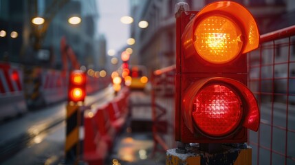 Red warning lights and street barriers at a construction site captured up close