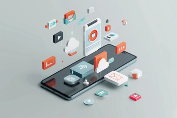 Mobile Phone with Floating Icons of Artificial Intelligence, Video, and Data on Light Grey Background Representing AI in Marketing for Virtual Events and Digital Transformation