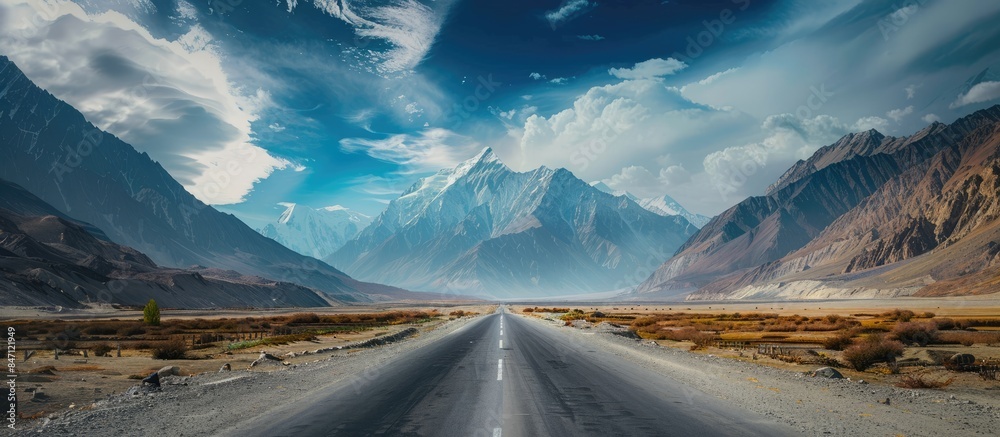 Wall mural Desolate Road and Majestic Mountain Scenery with Blue Sky View: Background of Road and Mountains