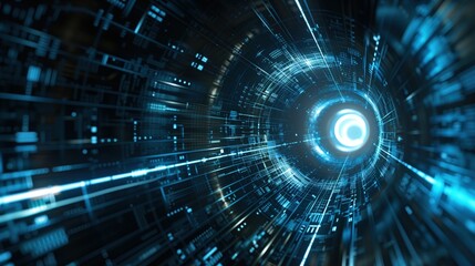 Obraz premium Futuristic digital tunnel with glowing blue lines and light at the center. Abstract technology background.