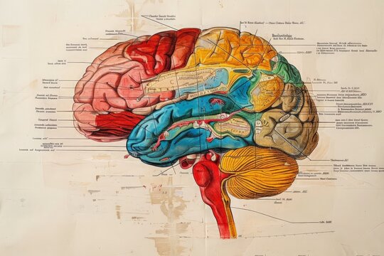 Diagrammatic drawing of a human brain, detailing different regions and their functions, with color-coded sections and clear annotations 