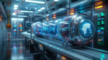 A futuristic hospital setting with a holographic diagnostic tool displaying a globe on a track.