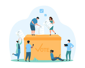 Election campaign, democracy, survey checklist and referendum. Tiny people put ballots in vote box, group of voters holding paper sheets with choice of candidate from list cartoon vector illustration