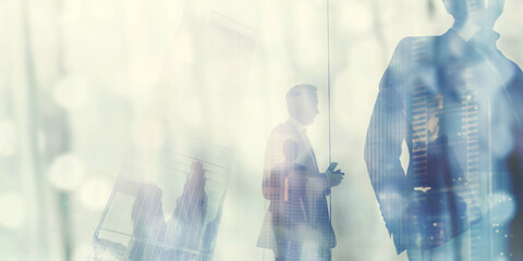 Silhouettes of urban commuters walking, overlaid with reflections of building profiles and abstract light effects in a modern cityscape.
