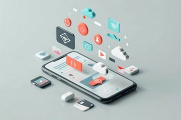 Mobile Phone with Floating Icons of Artificial Intelligence, Video, and Data on Light Grey Background Representing AI in Marketing for Virtual Events and Digital Transformation