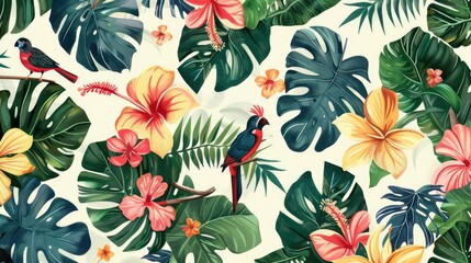 Exotic summer pattern with tropical leaves flowers and birds in a hand drawn style for surface design