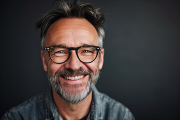 Obraz premium Cheerful Middle-Aged Man With Glasses Smiling in Studio Portrait