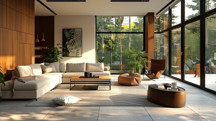 Modern living room with fireplace. AI generated art illustration.