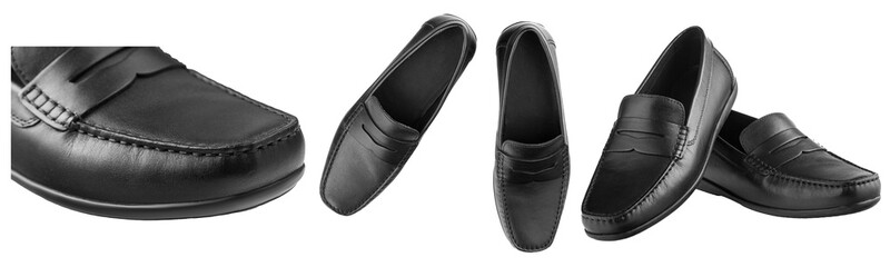 Set men's pair of black moccasins on isolated white background close-up