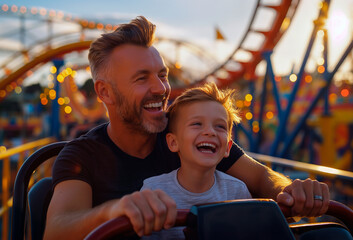Dad and son having fun on a rollercoaster ride
