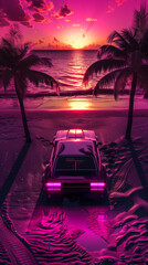 illustration of an 80's car on the beach at sunset in retro style purple neon