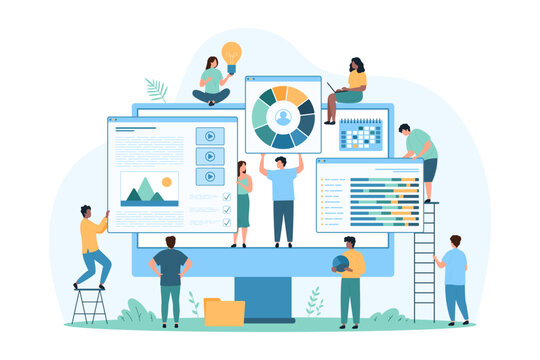 Online website development, plan and idea of building web site usability. Tiny people holding light bulb, software windows with video content and charts on computer screen cartoon vector illustration