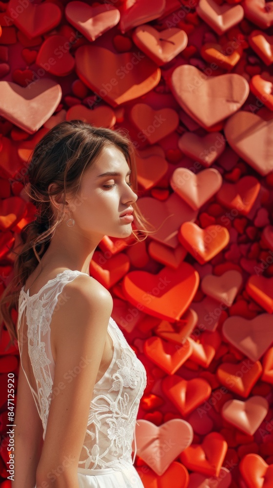 Sticker A woman standing in front of a wall of red hearts