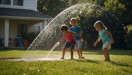 lively scene of children playing in a sprinkler on a hot day