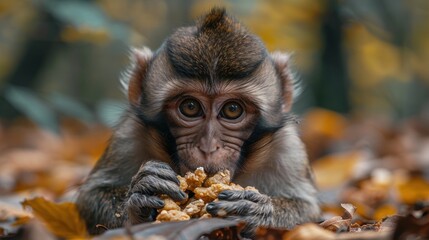 Fototapeta premium Hungry thin dirty monkey in a garbage dump eating food waste, photo realistic 