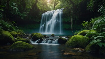 refreshing scene of a waterfall hidden in a lush forest.