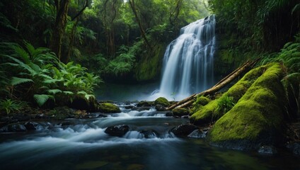 refreshing scene of a waterfall hidden in a lush forest.