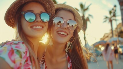 Two women are taking a selfie on the beach