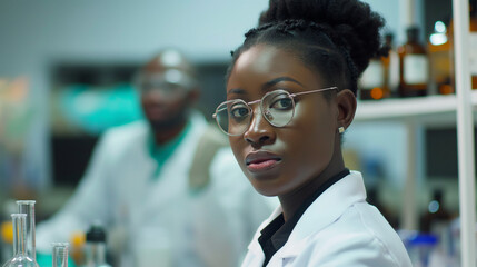 Fototapeta premium Female scientist working in a laboratory with a colleague.