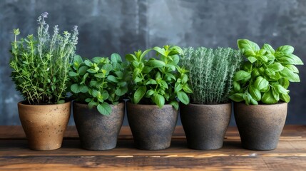 Fototapeta premium A row of potted plants sit on a wooden table