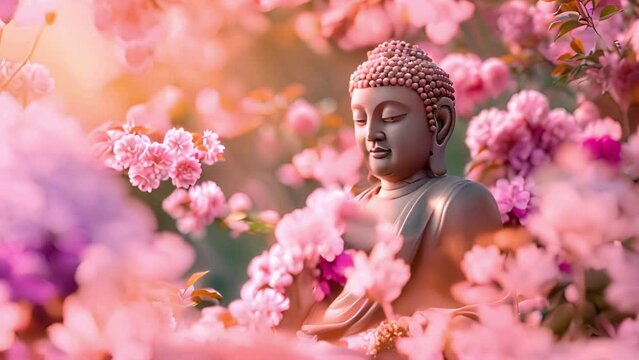 buddha statue in the background of blooming pink flowers with  zen style